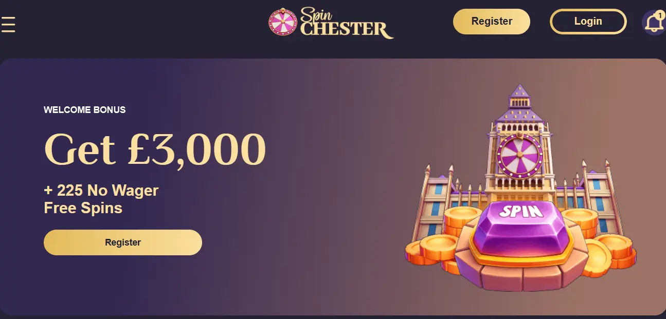 Spinchester Casino lobby with slots and live dealer sections