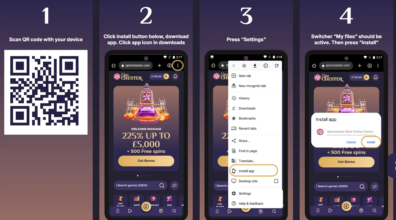 Spinchester Casino app installed as a PWA on a phone
