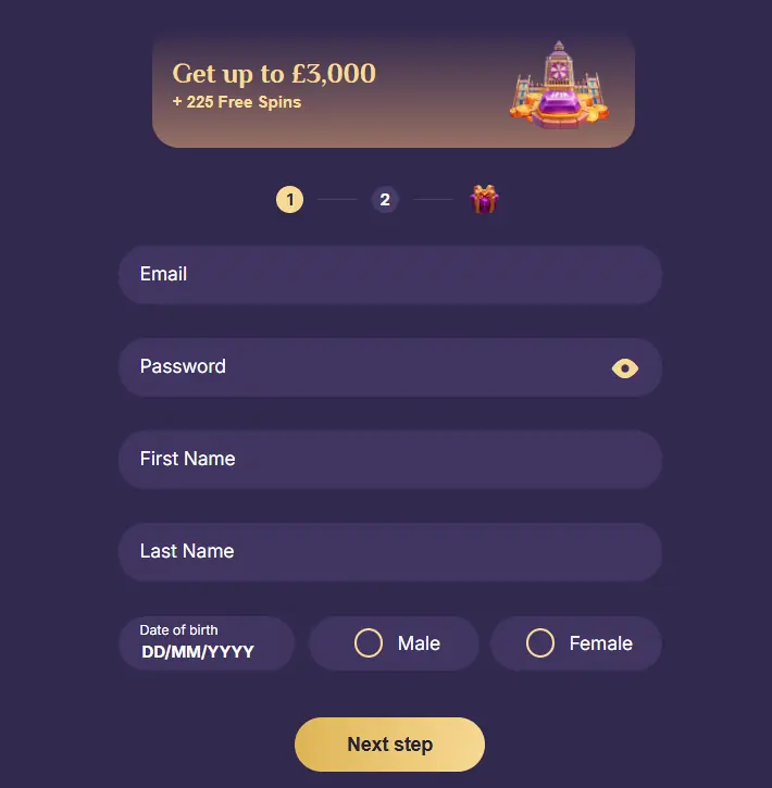 Spinchester Casino registration form with player details